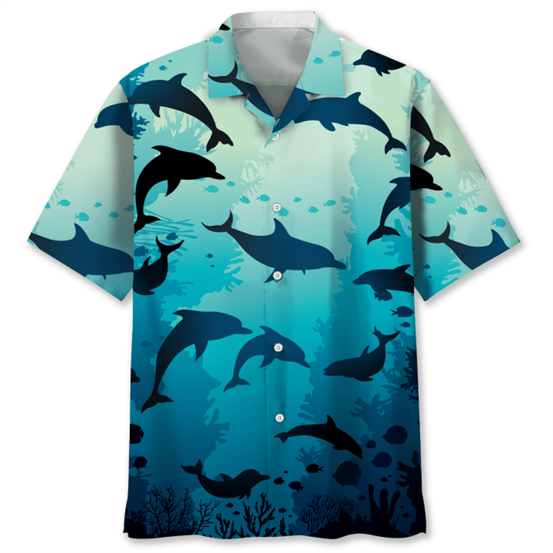 Camisa Aloha con estampado 3D de delfín de mar para hombre, Blusa de manga corta con botones, solapa suelta, hawaiana