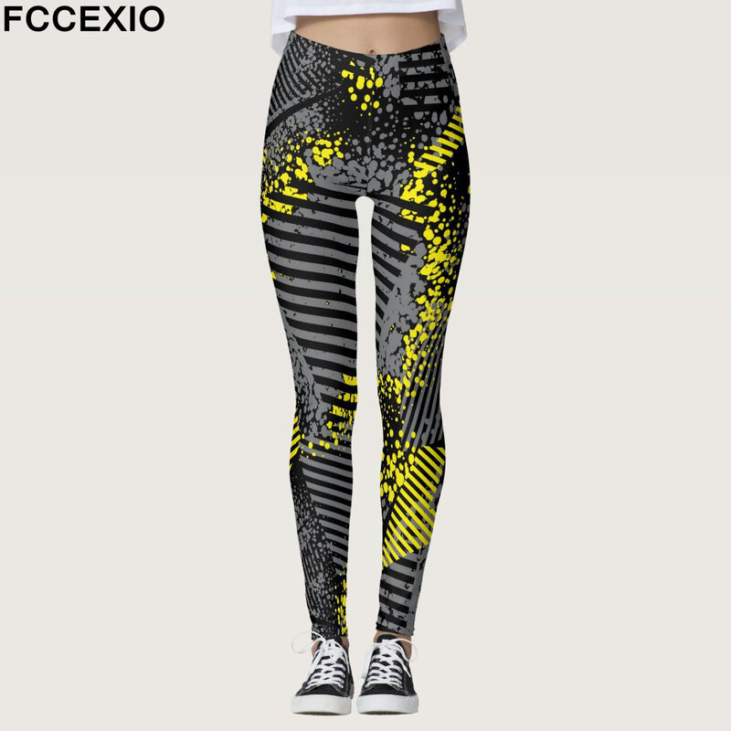 FCCEXIO Summer New Geometric Graffiti Print Women's Sports Leggings High Waist Running Tght Fitness Workout Yoga Gym Pants S-3XL