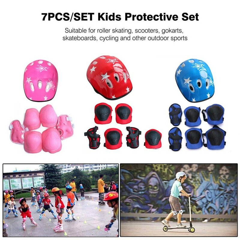 Helm pelindung bersepeda anak-anak, perlengkapan bersepeda helm sepeda, pelindung siku dan lutut, bantalan kepadatan tinggi, nyaman, ventilasi bagus, 7 buah/set