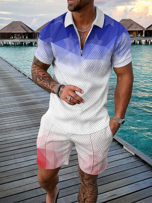 2023 New Men's Shorts Set Sleeve Zip Polo Shirt Street T-shirt Two Piece Casual Sportswear Ropa Hombre