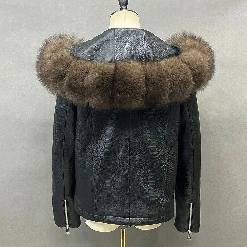 Jaket kulit domba lengan panjang untuk wanita, jaket kulit alami kerah bulu rubah musim gugur musim dingin mewah 2023