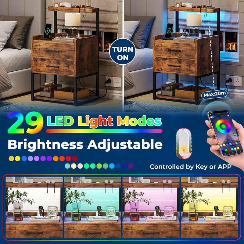 Nightstand com luzes LED e estação de carregamento, Bedroom Night Stand, 2 saídas, 2 portas USB, mesa lateral de cama com armazenamento, 2 gavetas