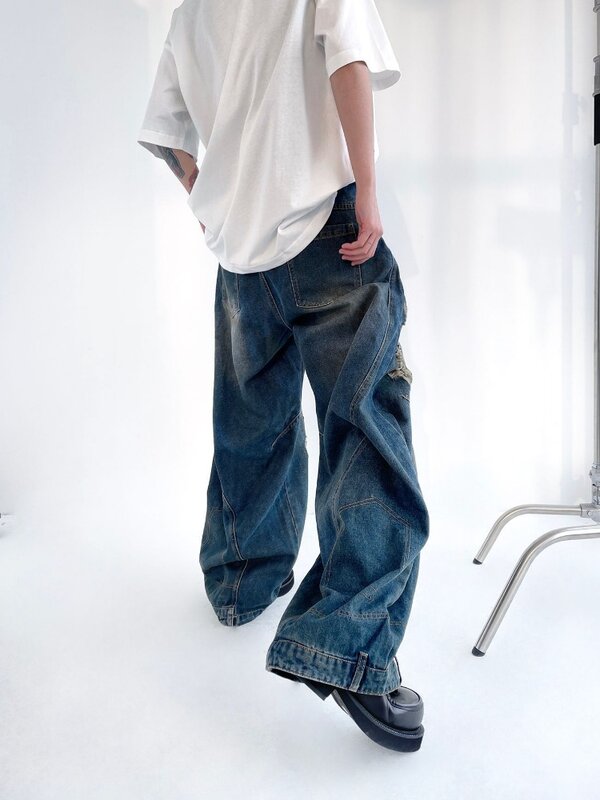 Houzhou กางเกงยีนส์แต่งลายขาดๆฮิปฮอปผู้ชาย, กางเกงลำลองแจ็คเก็ตยีนส์ขาดกางเกงขาม้าสตรีทไฮสตรีทแวร์ทรงหลวม