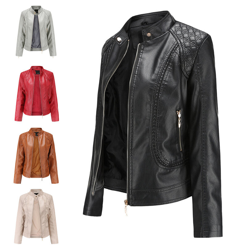 2024New  spring and autumn women's Leather Jacket Women's temperament large stand collar PU leather women's Leather Jacket