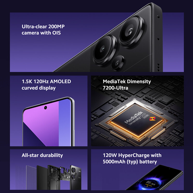 샤오미 레드미 노트 13 프로 플러스 5G 글로벌 버전 스마트폰, 120W 하이퍼차지 미디어텍 디멘션 7200 울트라 200MP OIS 카메라 NFC