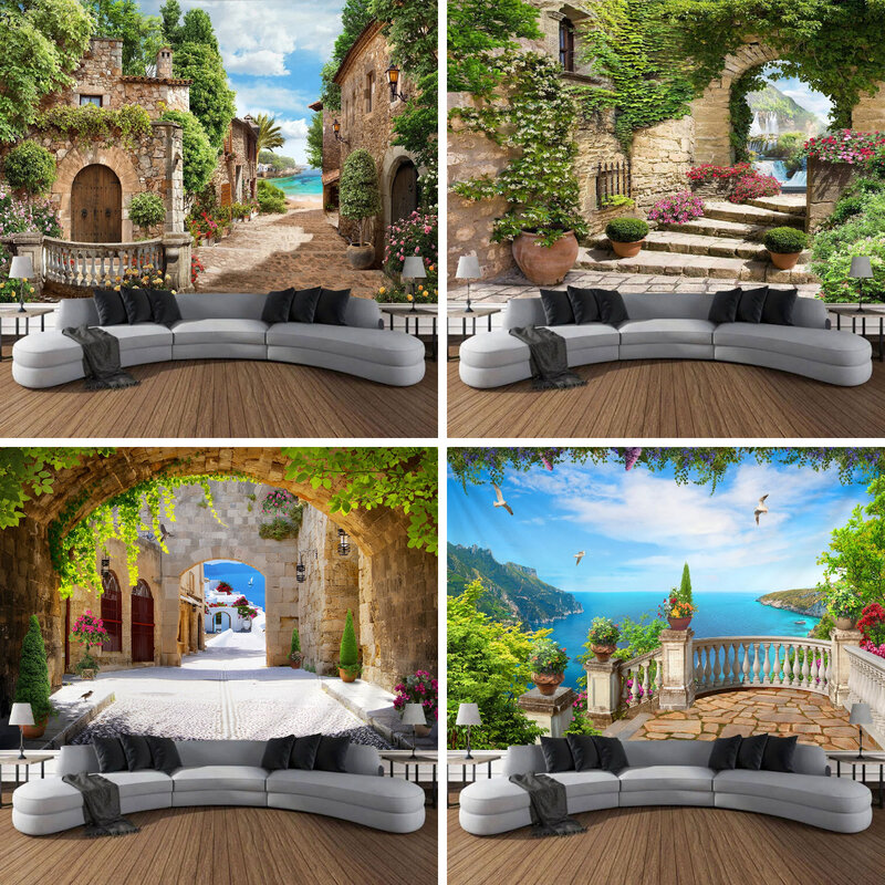 Tapiz de paisaje mediterráneo al aire libre, decoración artística de pared, flor rústica, urbana italiana, colgante de pared grande para Patio, dormitorio