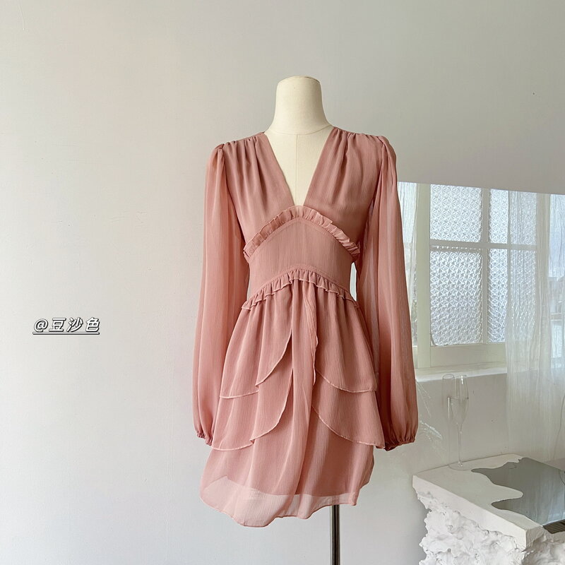 Damska letnia jesienna sukienka z długim rękawem w szpic szyfonowa Mini sukienka damska casualowe w stylu Streetwear wakacyjna jednokolorowa krótka sukienka