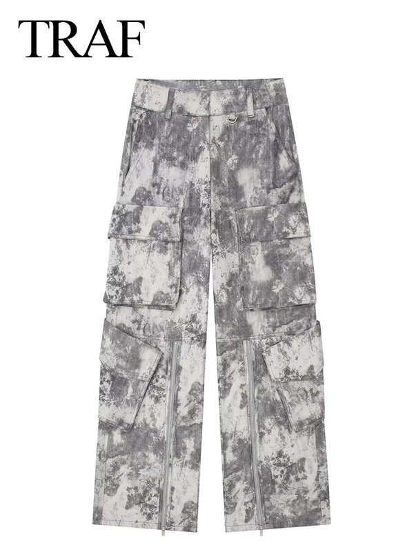 TRAF-pantalones Cargo informales de cintura alta para mujer, peto largo con estampado gris con bolsillo, moda Vintage, Otoño, nuevo