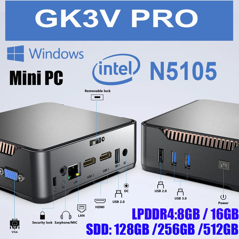 Mini PC, DDR4, 8GB, 128GB, SSD, Dual WiFi, BT 4.2, 1000M LAN, 4K VGA, GK3V Pro Gamer Computer, Intel Celeron N5105, Windows 11, 16GB, 512GB