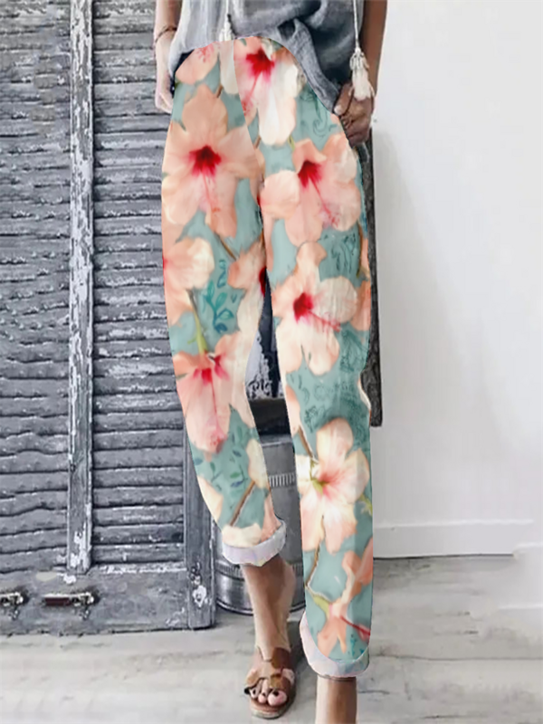 Pantalones florales con estilo para mujer, pantalones de cintura alta con cordón, ropa de calle Harajuku Y2K, pantalones de gran tamaño, primavera y verano