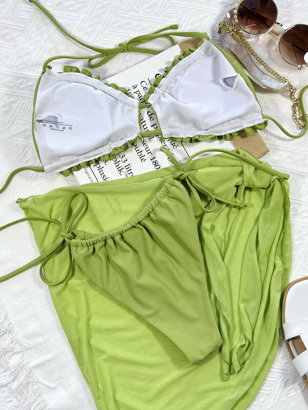 Traje de baño de tres piezas para mujer, bañador brillante envolvente, conjunto de Bikini Sexy, trajes de playa para mujer 2024