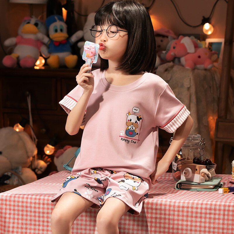 SUO&CHAO 2023 new children's pajamas Korean version girls' cotton short-sleeved shorts lovely home sui