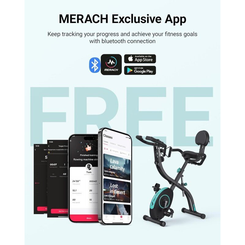 MERACH-Bicicleta ergométrica dobrável, 4 em 1, bicicleta estacionária magnética para casa com resistência de 16 níveis, APP exclusiva, capacidade de 300lb