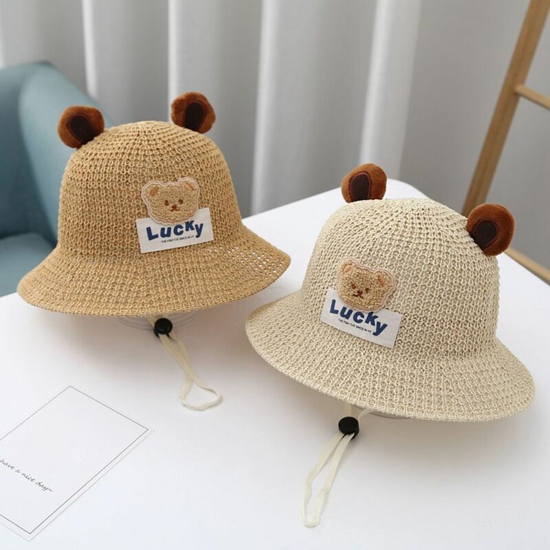 Topi pelindung matahari anak, topi pantai Retro gaya Pastoral dengan tali tabir surya topi nelayan musim panas