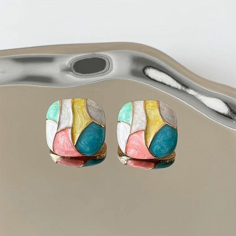 Girl Gift Contrast Color Dripping Oil Niche Design Girl Stud Earrings Women Square Earrings Ear Studs Korean Style Earrings