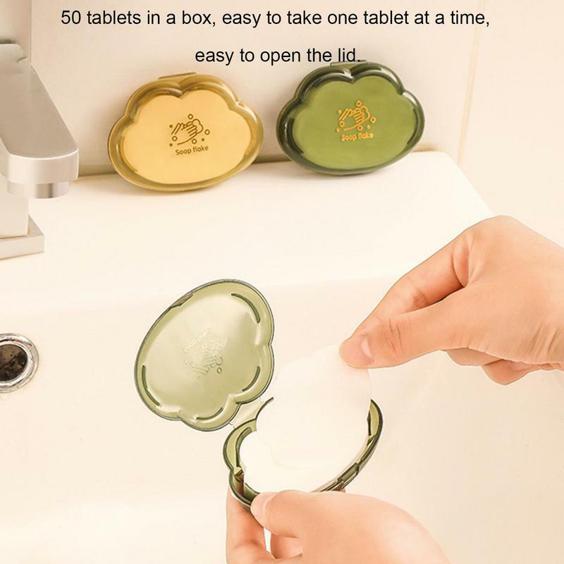 Sabun perjalanan lembar 50 buah sabun Mini serpihan sabun Lembar Mini ramah kulit awan sabun wangi serpihan sabun tangan untuk berkemah dalam ruangan