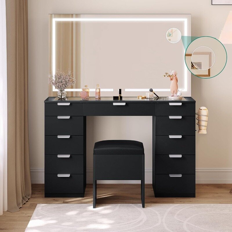 Vanity Desk Set con grande specchio illuminato a LED e presa di corrente, vanità superiore in vetro con 11 cassetti e lente d'ingrandimento, 46 ''grande