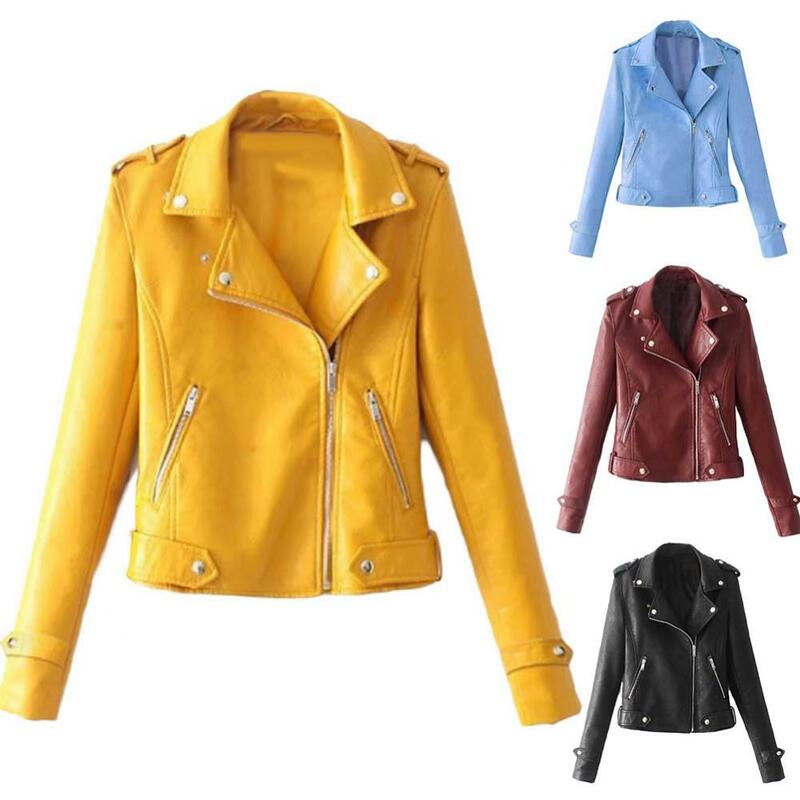Women Lapel Solid Color Coat Jacket Long Sleeve Faux Leather Motorcycle Zip Up Coat