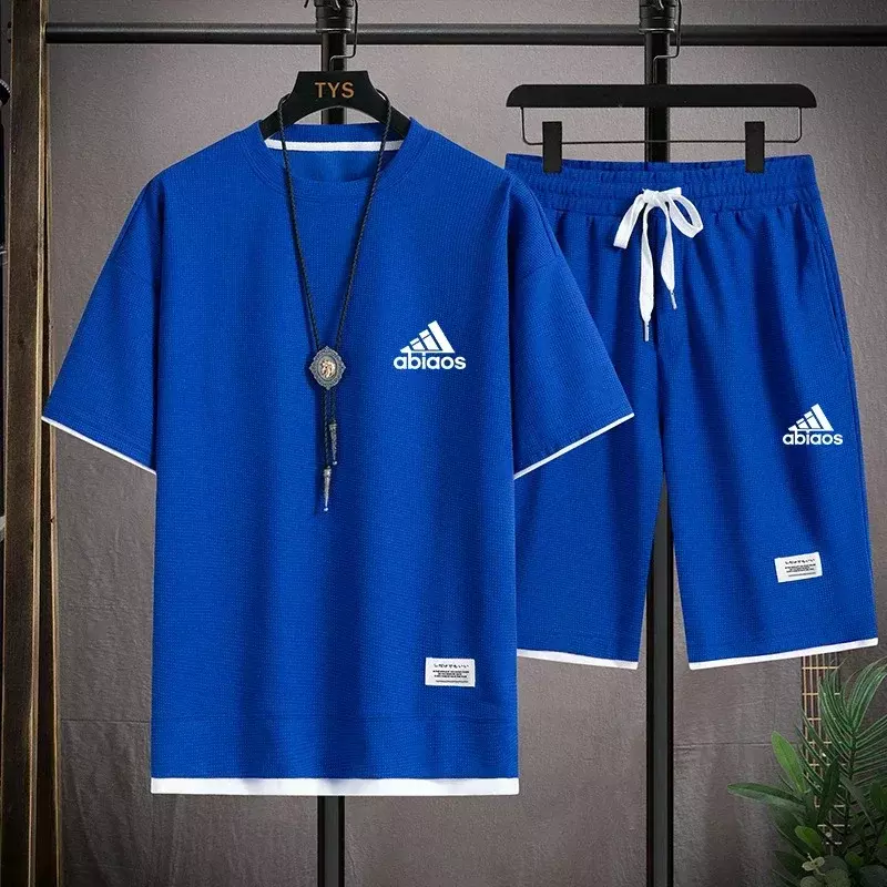Conjunto de camiseta e shorts de tecido de linho masculino, agasalho manga curta, terno esportivo casual, moda verão, 2 peças