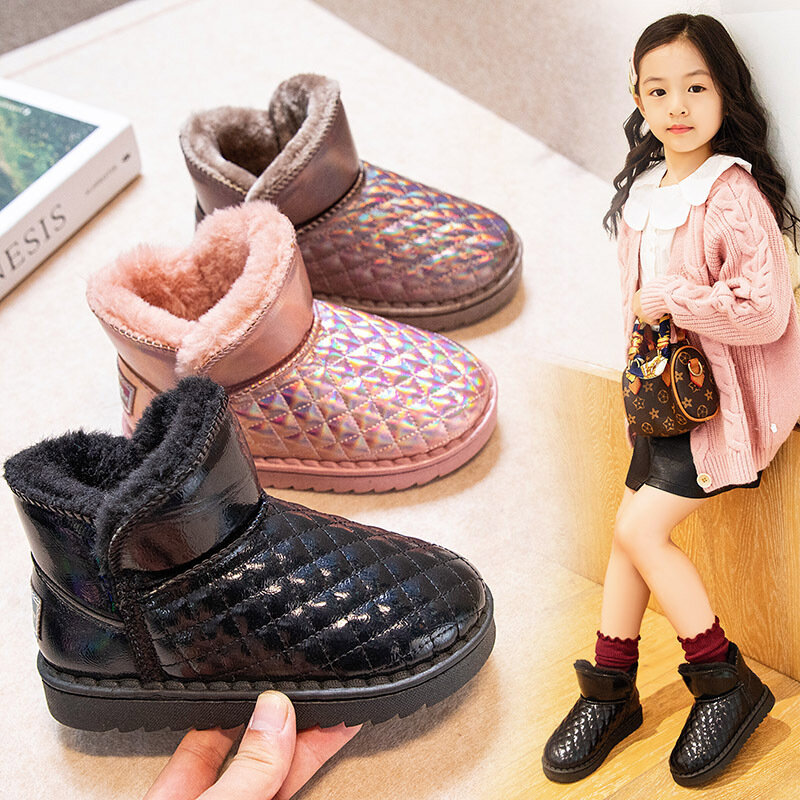 Botas de neve de algodão feminino, bota de pelúcia infantil, sapato infantil confortável, nova moda