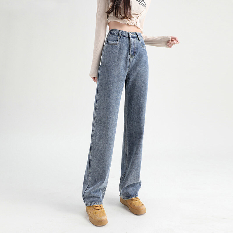 Jean taille haute élastique pour femme, vêtement en coton Denim, bleu blanc, Streetwear, Vintage, mode Harajuku, pantalon droit