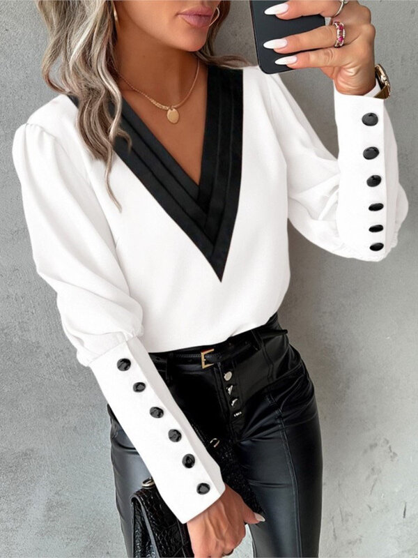 Modna biała bluzka damska 2024 z długim rękawem dekoltem w szpic luźny pulower elegancka pani biurowa różowe topy koszule Femme