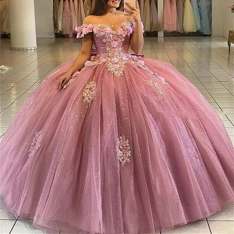 Gaun pesta putri elegan gaun Quinceanera Menawan Romantis 3D bunga Applique renda dengan jubah manis 16 gaun Vestido De