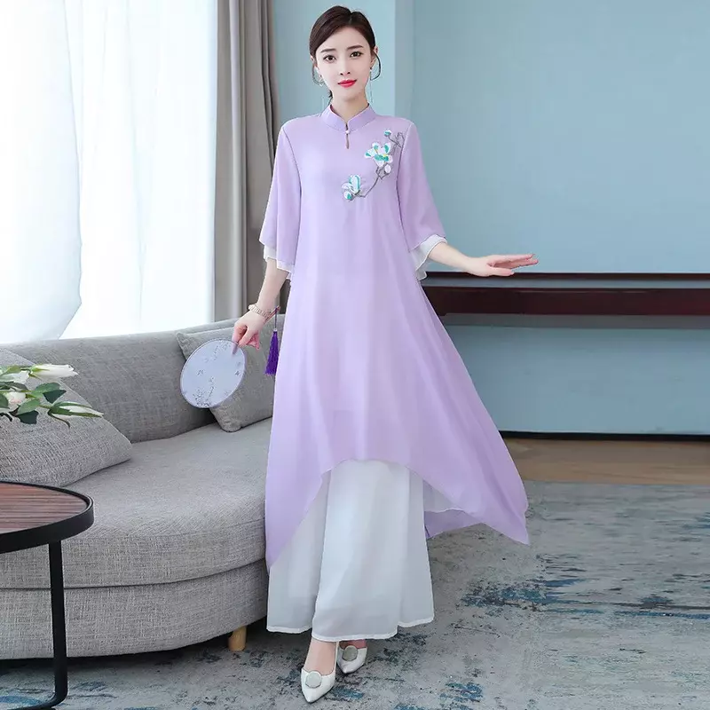 Vintage Chiffon Embroidery Long Top Wide Leg Pants Suit Casual Loose Elegant Women National Clothing Chinese Style Two Piece Set