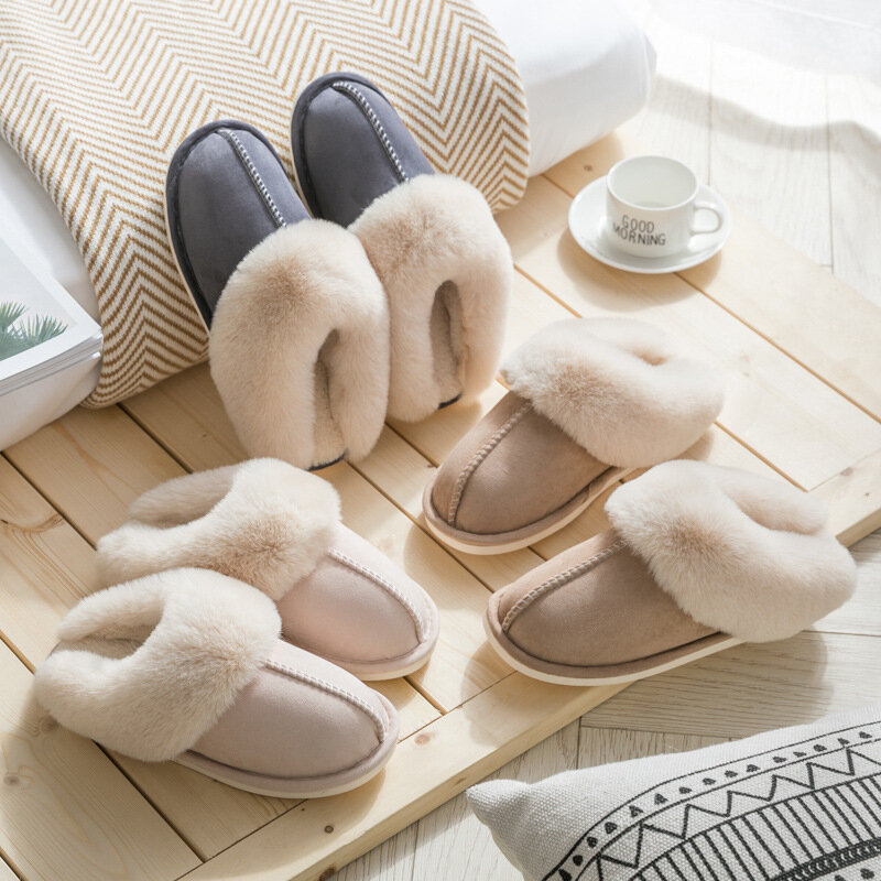 Zapatillas de casa cálidas de piel para mujer, par de zapatos de algodón de felpa de gamuza sintética de lujo para dormitorio interior, zapatos de tacón plano esponjosos, Invierno 2023