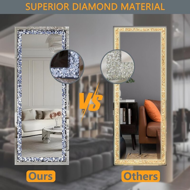 Mirrors 47"x18" Full Length with Lights and Crystal Crush Diamond,The Door  Mirror,Full Body Leaning Long Dressing Black Mirrors