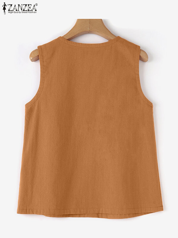 ZANZEA-camisetas sin mangas con cuello en V para mujer, blusa informal elegante, camisa de trabajo lisa para fiesta, 2024