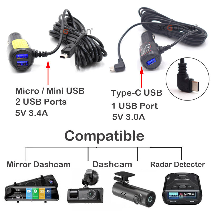 Cable de carga DVR para cámara de salpicadero de coche, Mini USB, Micro USB, tipo C, 11,5 pies, fuente de alimentación, 12-24V