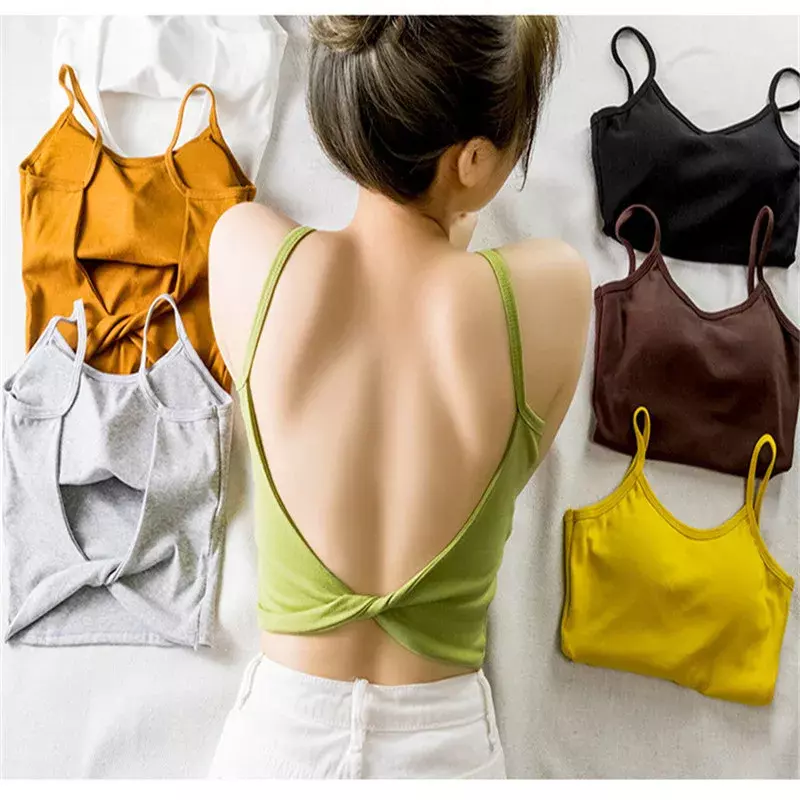 2022 Crop Tops Sexy Spaghetti Strap Tanke Top Women Built In Bra Off Shoulder Solid Color Sleeveless Camisole Ins Yoga Sport Bra