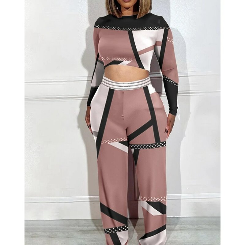 Casual Women Geometric Colorblock Print Long Sleeve Cropped Top & High Waist Pants Set Femme Oversized Two-Piece Sets Outfits