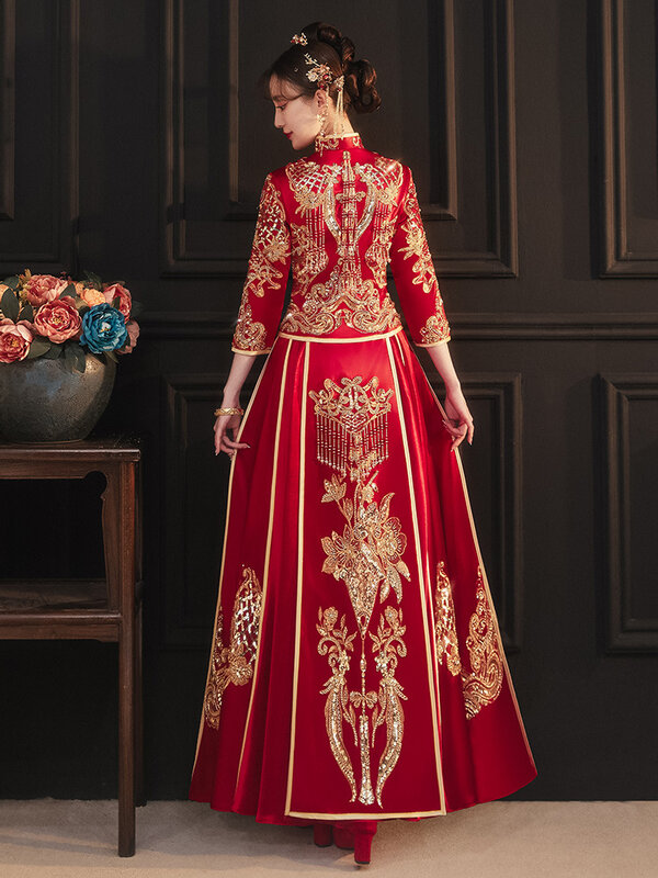 Cheongsam de estilo chino para novia, traje de bordado de Fénix rojo Oriental, vestido de novia Vintage, vestido de novia