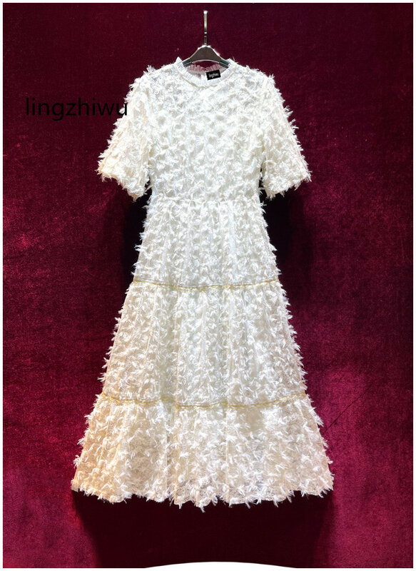 lingzhiwu White Long Dress Elegant Ladies Designer Short Sleeve Dresses Slim Waist Holiday Vestidos Top Quality 2024 New Arrive
