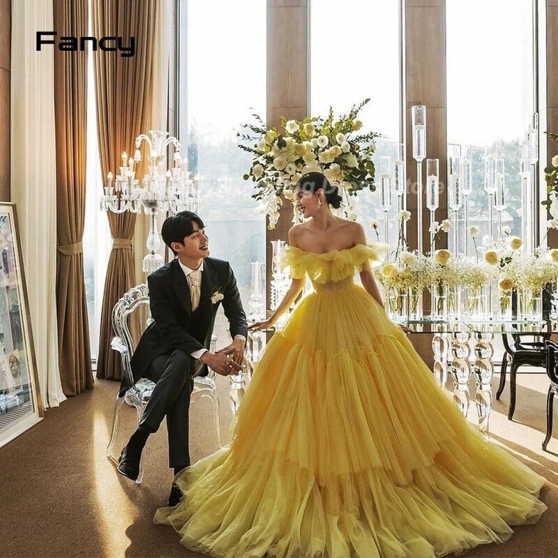 Phantasie Luxus gelb schulter frei Brautkleid Korea Fotoshooting eine Linie weichen Tüll Brautkleid bodenlangen Brautkleid