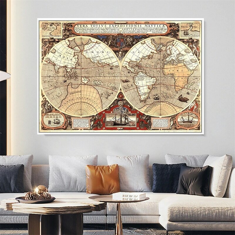Grande affiche carte du monde vintage, peinture sur toile non tissée, carte autocollante murale, décoration murale pour la maison, 150x100cm
