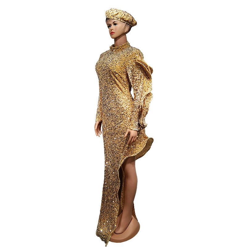 ฤดูใบไม้ร่วงฤดูหนาวแอฟริกันแขนยาว O-Neck Sequined Gaun Panjang Maxi ชุดอังการากับหมวกชุดแอฟริกันสำหรับผู้หญิง