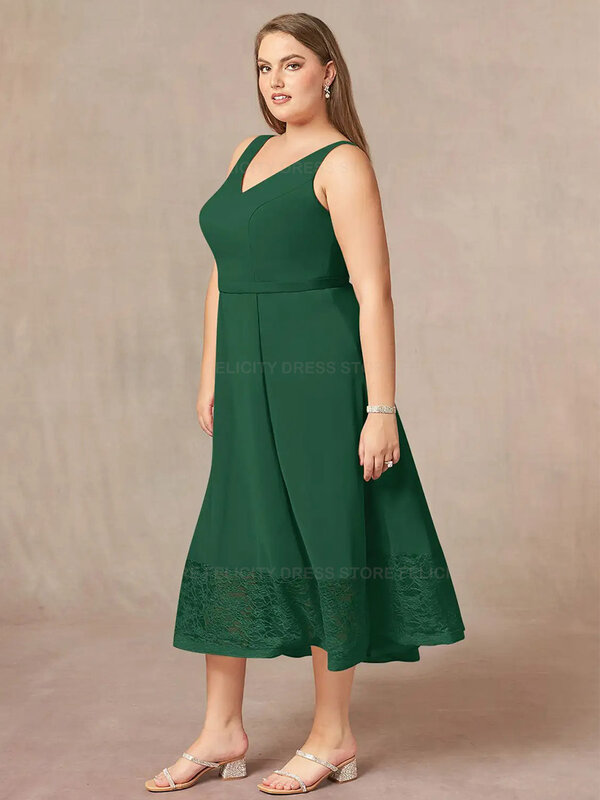Vestido verde de talla grande para madre de la novia, traje acampanado con cuello en V para invitados de boda, encaje de gasa, largo hasta el té, 2023