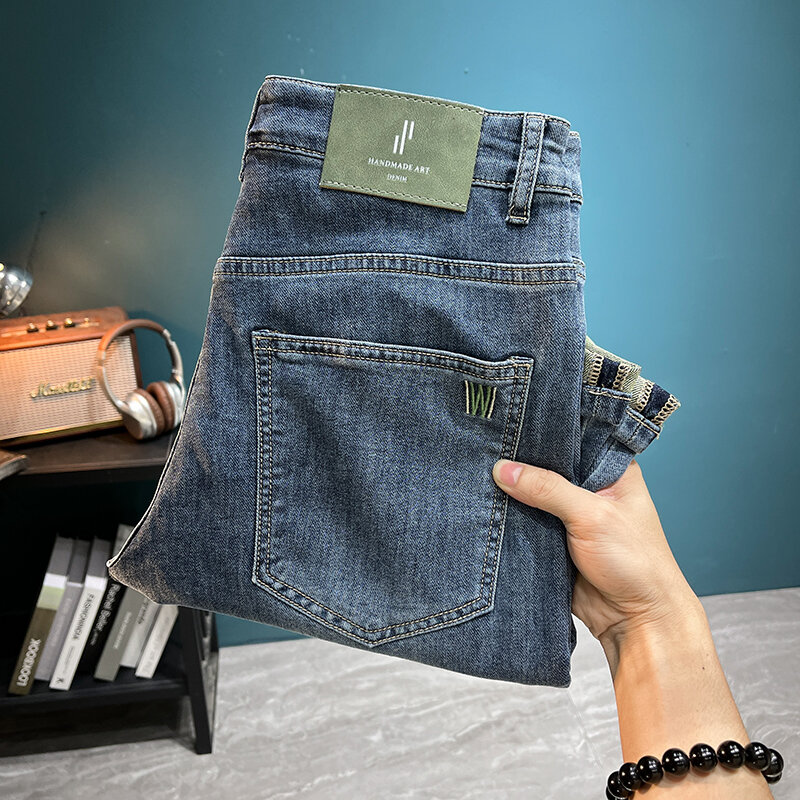 2024Summer Thin Stretch Denim Shorts Men's Fashionable Printed Fitted All-Matching Casual Fashionable High-End Shorts