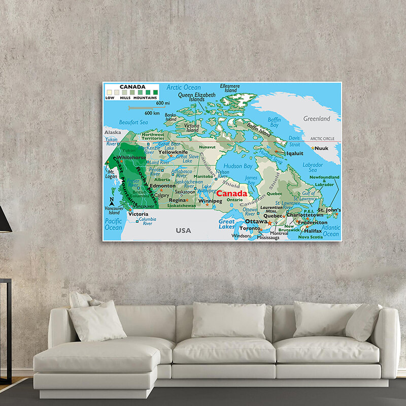 Poster de arte de parede do mapa do canadá, dimensões 150x100cm, sem moldura, tela de decoração de tecido não tecido, material para ensino escolar