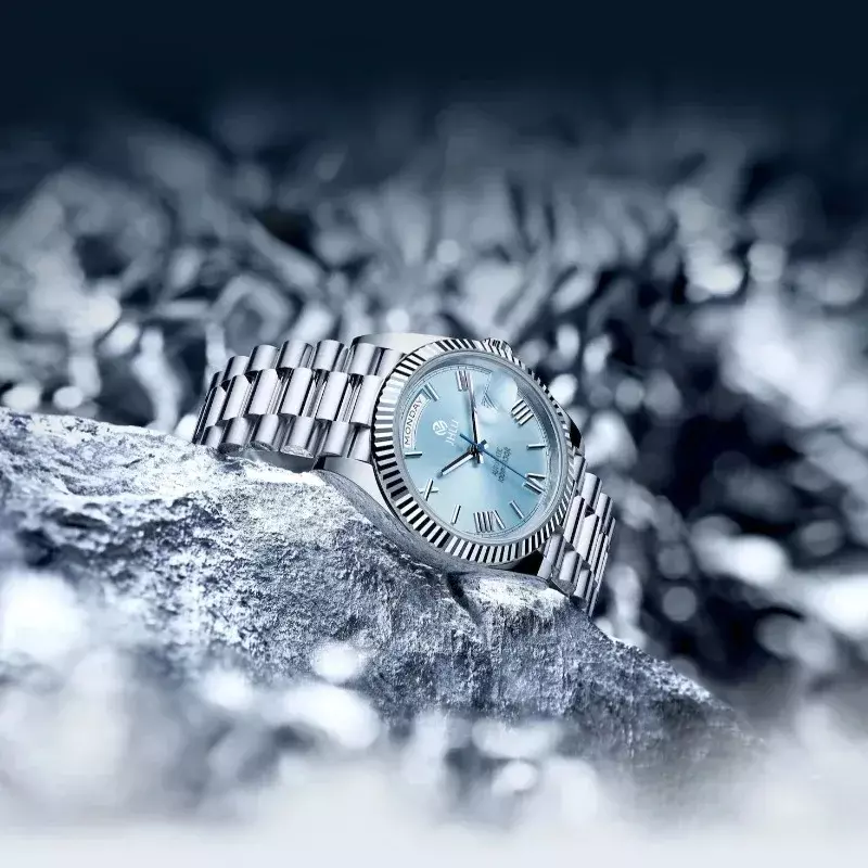 Originele Nieuwe Jhlu Saffier Glas Klok Mechanica Horloges Luxe Meteoriet Textuur Wijzerplaat Automatisch Horloge Voor Mannen Dag Date Horloge