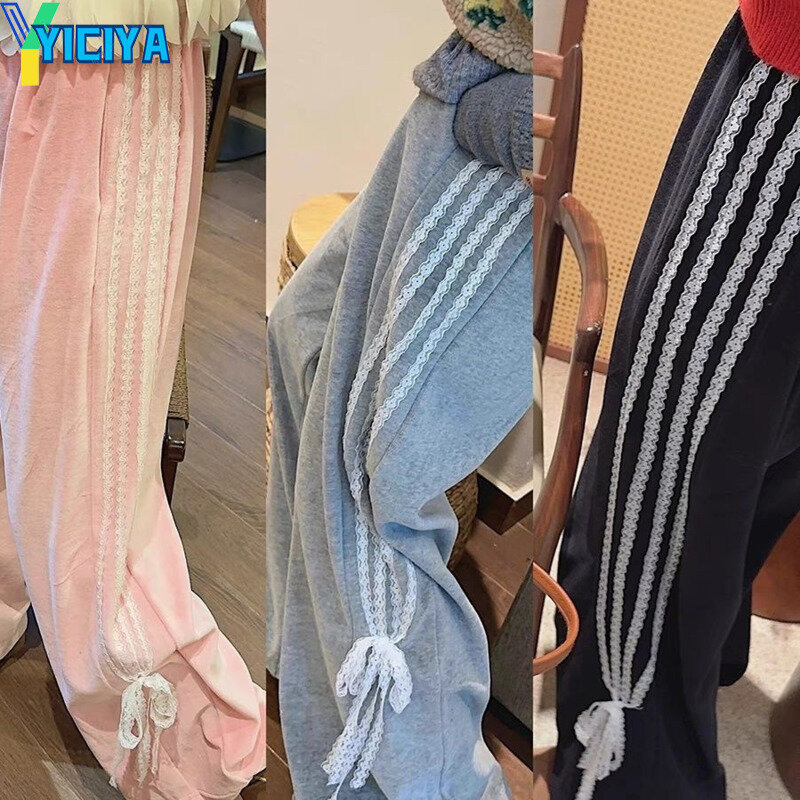 Yiciya กางเกงผูกโบว์ลูกไม้สไตล์ Y2K กางเกงแฟชั่นตรงสีชมพูกางเกงสเวตเตอร์ผู้หญิงขายาวเต็มตัวกางเกงขายาวลำลองใหม่2024