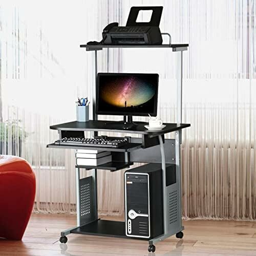 Topeakmart-Mesa do computador com Prateleira de Impressora e Bandeja Teclado, Home Office Desk, Workstation, Rolling Study, 3 Camadas