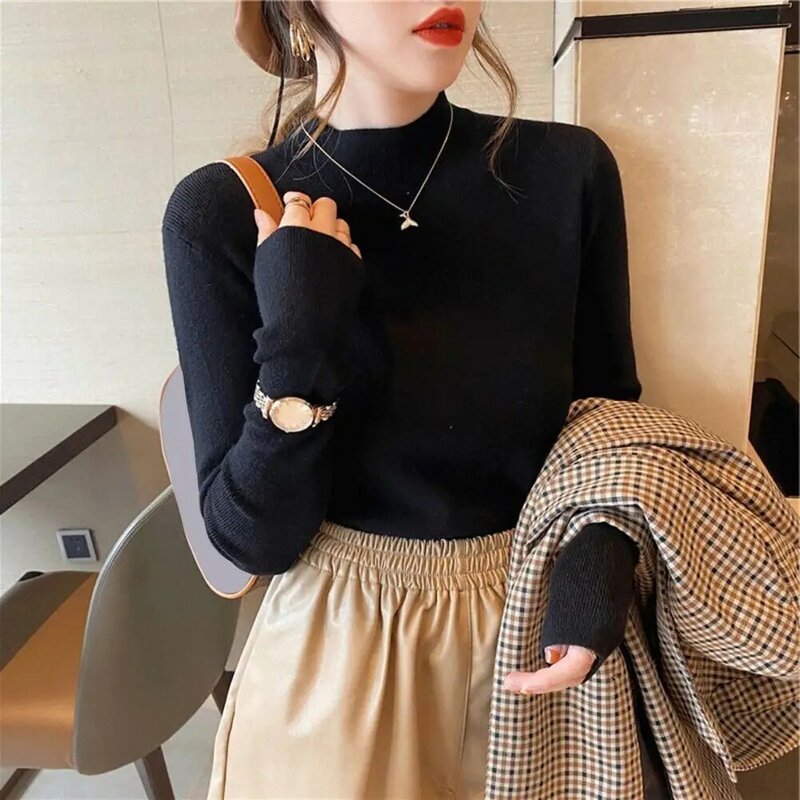 Women Autumn Winter Soft Knitting Tops Half High Collar Long Sleeve Bottoming Sweater Solid Color Slim Fit Knitwear