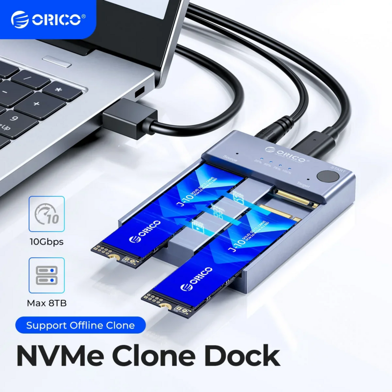 M.2 ORICO NVMe Cloner dual Bay NVMe USB C TO NVMe SSD Enclosure อะลูมิเนียม M.2 duplicator ออฟไลน์โคลนสำหรับ PCIe M-Key SSDs 8TB