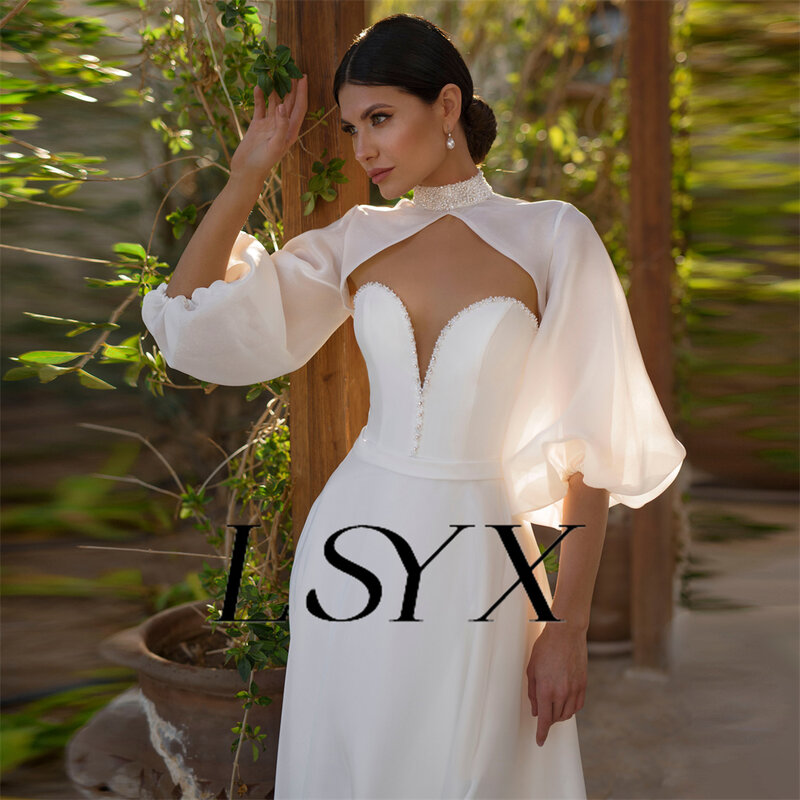 LSYX-vestido de noiva de organza com mangas puff, gola alta recortada vestido de noiva, botão traseiro, linha A frisada, trem tribunal, feito sob encomenda