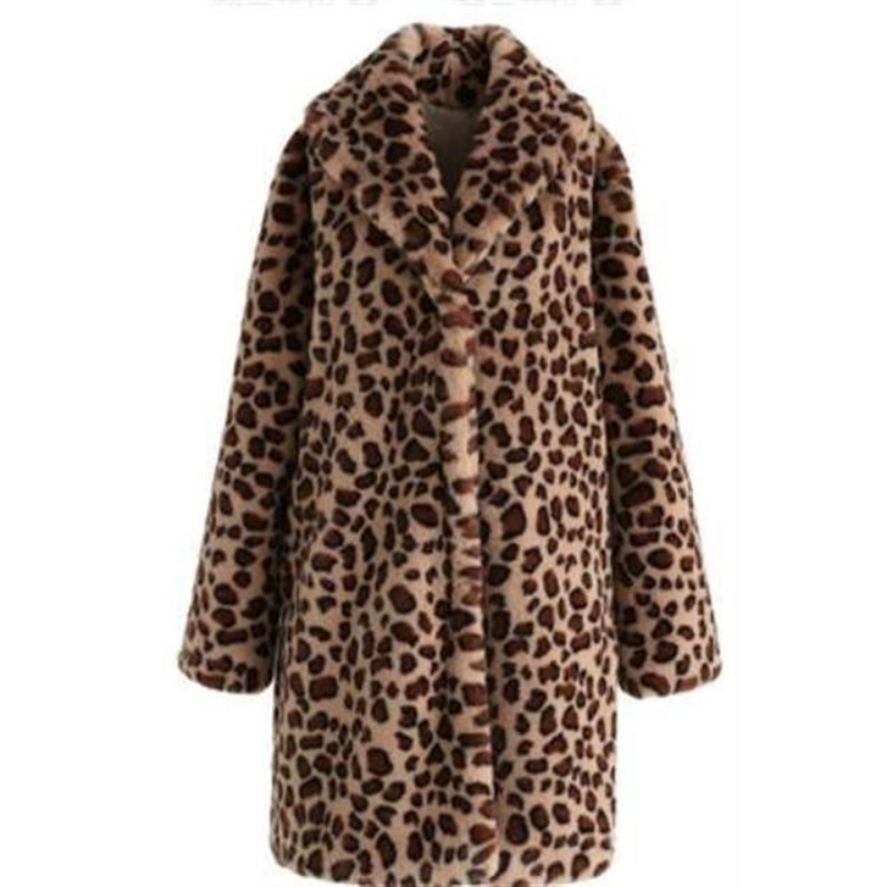 Mantel Macan Tutul untuk Wanita Mantel Bulu Palsu Panjang Wanita