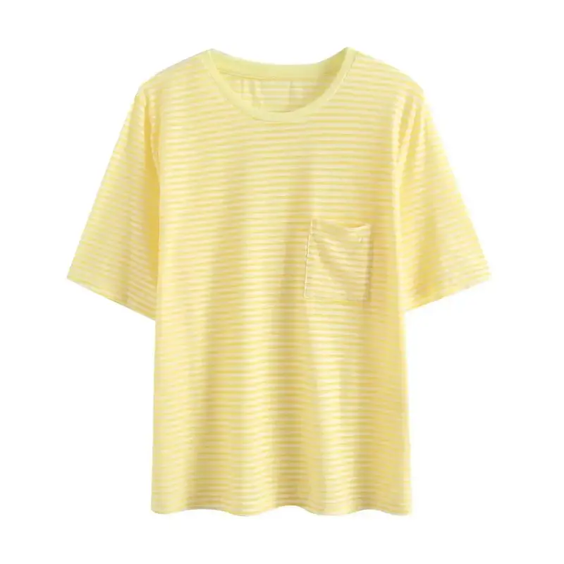 Women's 2023 Basic Two-color Casual Striped T-shirt With Round Neck and Short Sleeve Retro Pocket Decoration Loose T-shirt Top